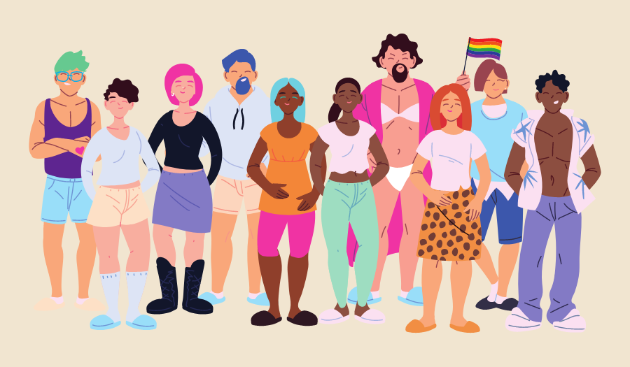 Illustration d'un groupe diversifié de personnes d'identités de genre, d'âges, d'origines ethniques et de morphologies différentes qui sont toutes LGBTQUIA+.